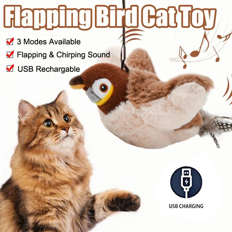 Interactive Cat Toy Flapping Bird with Catnip Rechargeable Simulation Bird Cat Toys Touch Activated Fluffy Plush Toys for Cats
