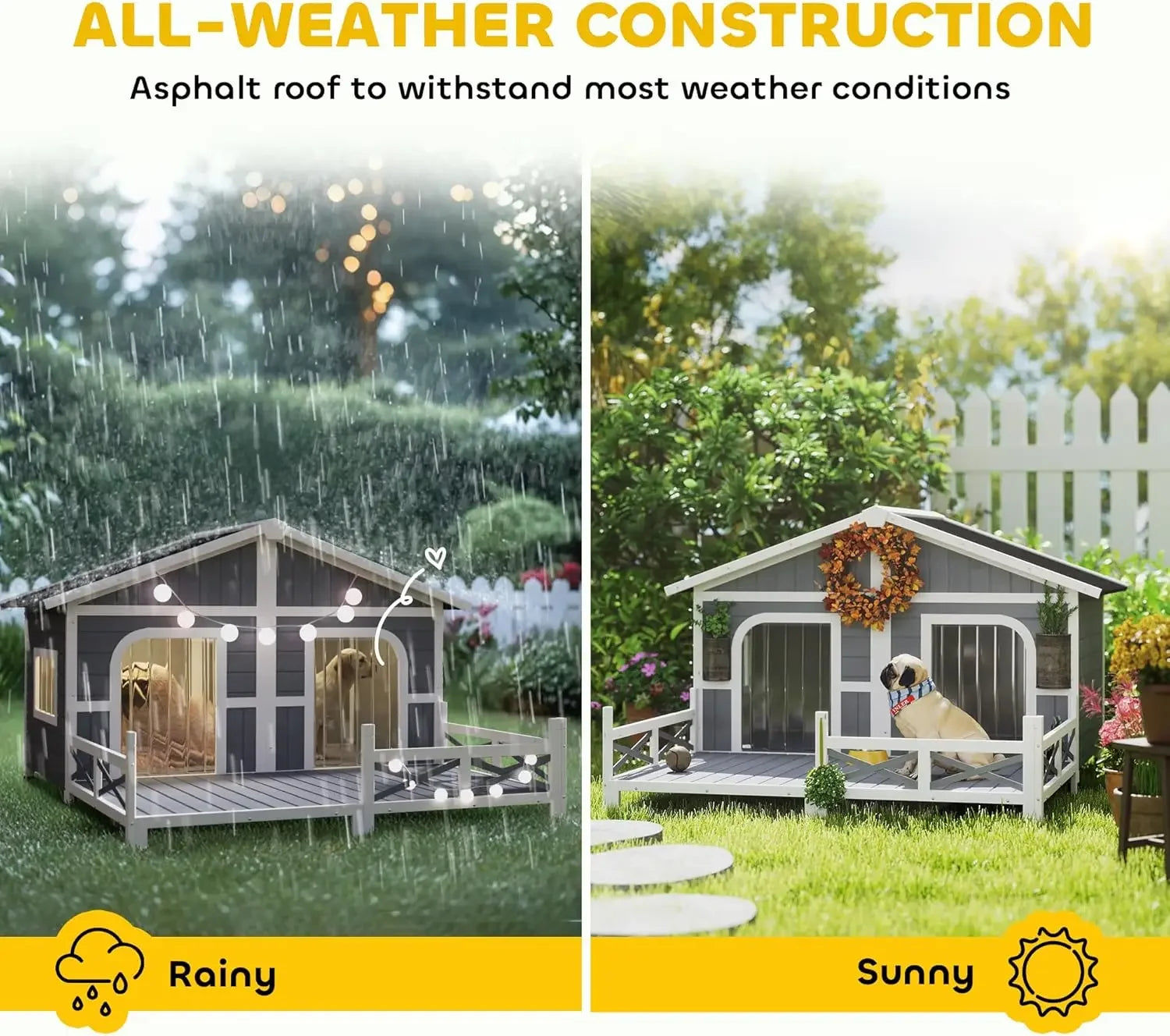 Dog House Outdoor, Wooden Dog Kennel Weatherproof with Porch, Double Room, Openable Roof, Removable Bottom, Elevated Floor