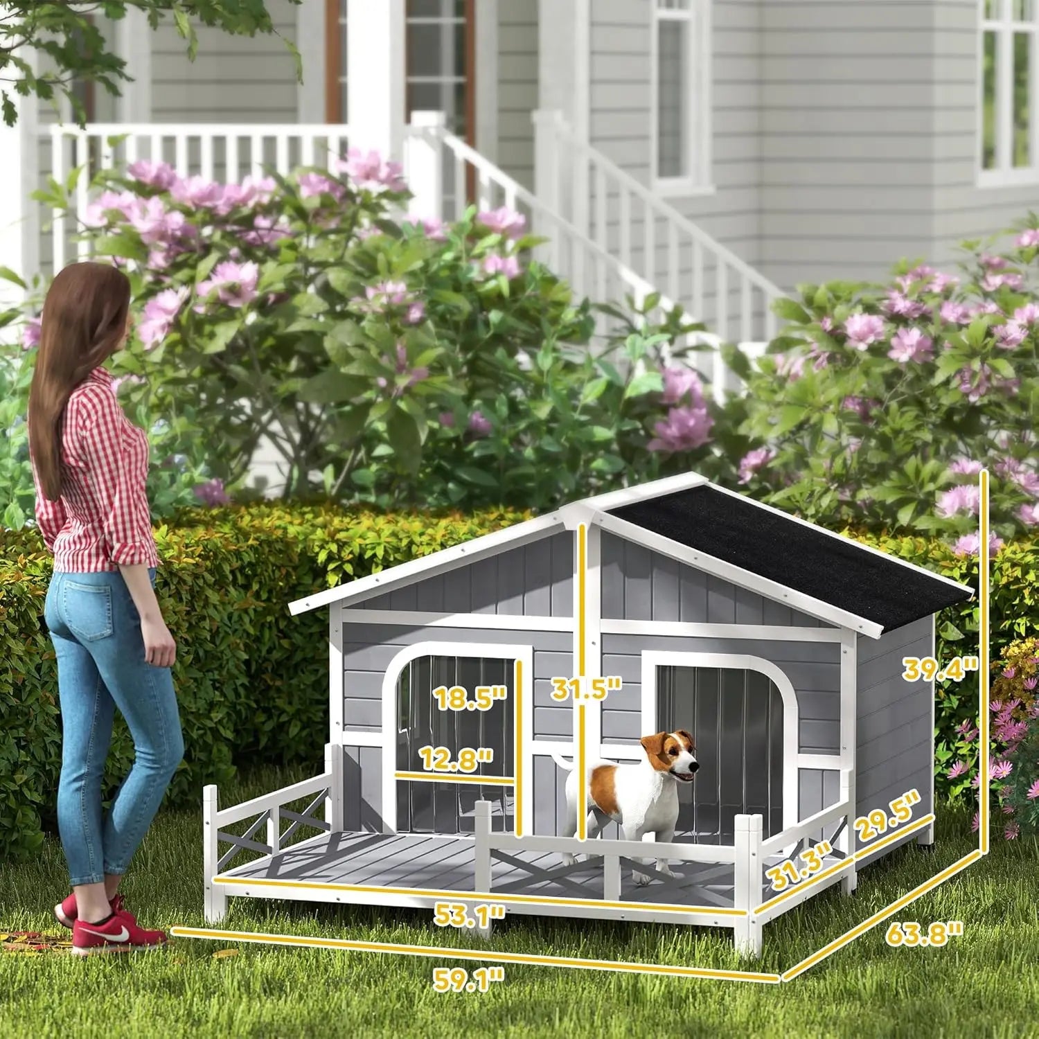 Dog House Outdoor, Wooden Dog Kennel Weatherproof with Porch, Double Room, Openable Roof, Removable Bottom, Elevated Floor