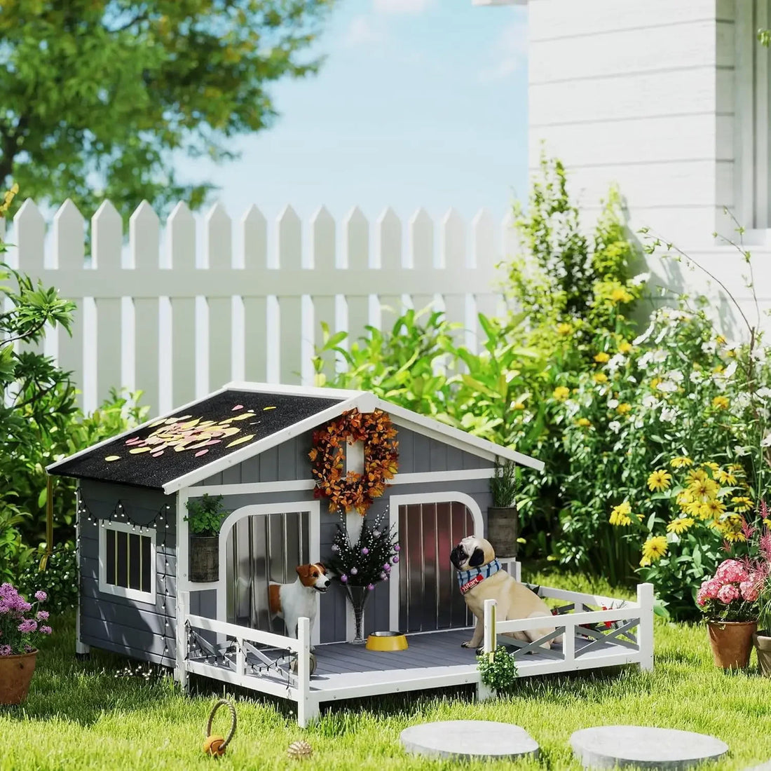 Dog House Outdoor, Wooden Dog Kennel Weatherproof with Porch, Double Room, Openable Roof, Removable Bottom, Elevated Floor