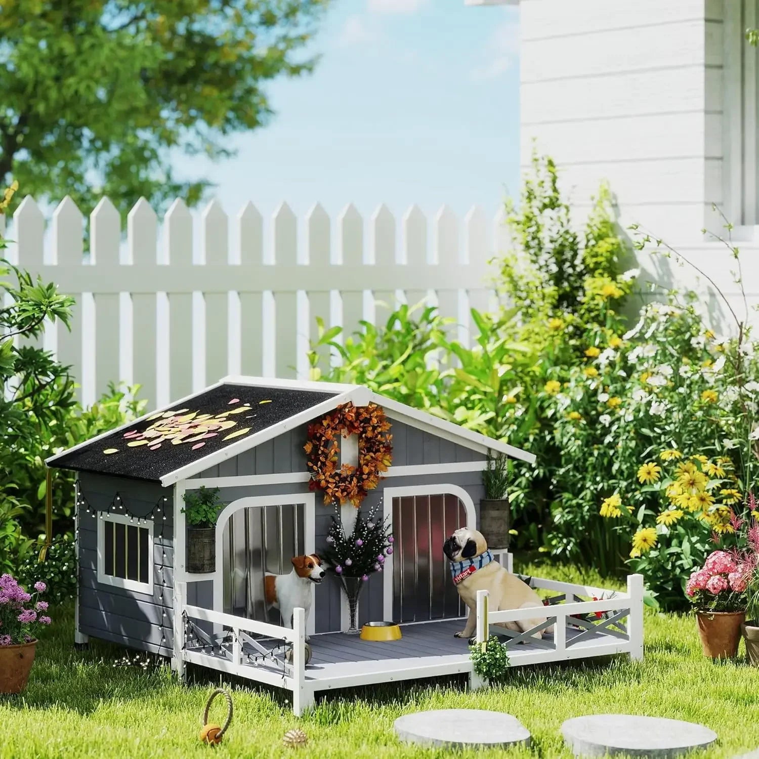 Dog House Outdoor, Wooden Dog Kennel Weatherproof with Porch, Double Room, Openable Roof, Removable Bottom, Elevated Floor
