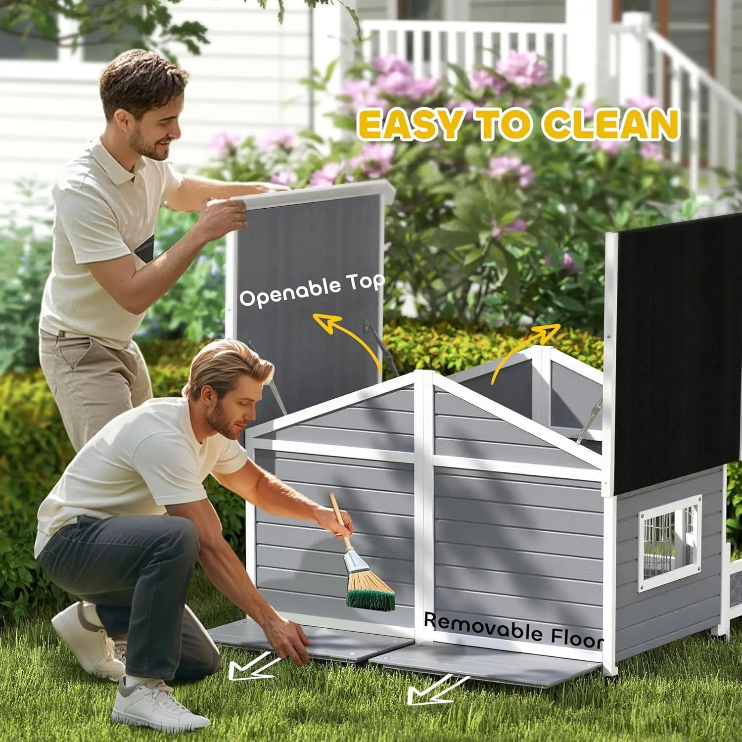 Dog House Outdoor, Wooden Dog Kennel Weatherproof with Porch, Double Room, Openable Roof, Removable Bottom, Elevated Floor