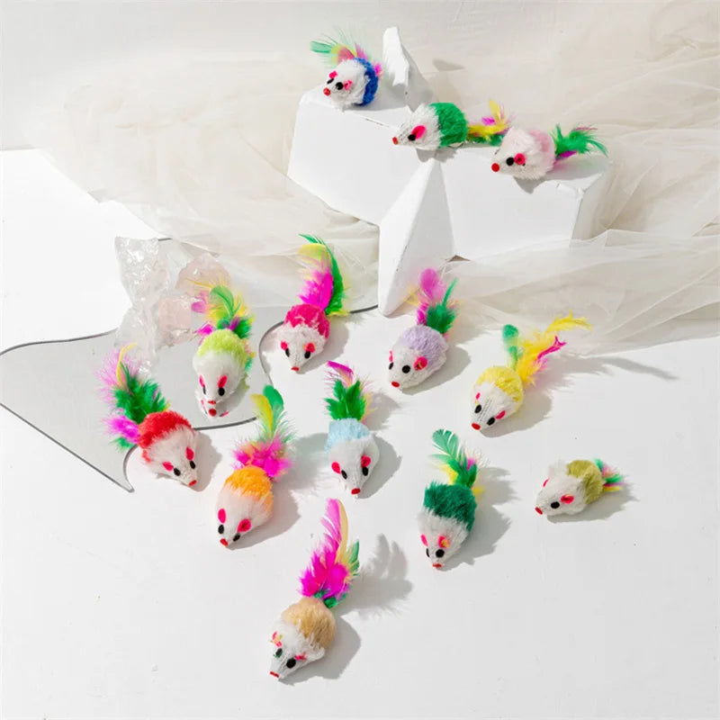 Cat Toys Rabbit Fur False Mouse Feather Rainbow Mouse Toy Funny Playing Toys For Kitten
