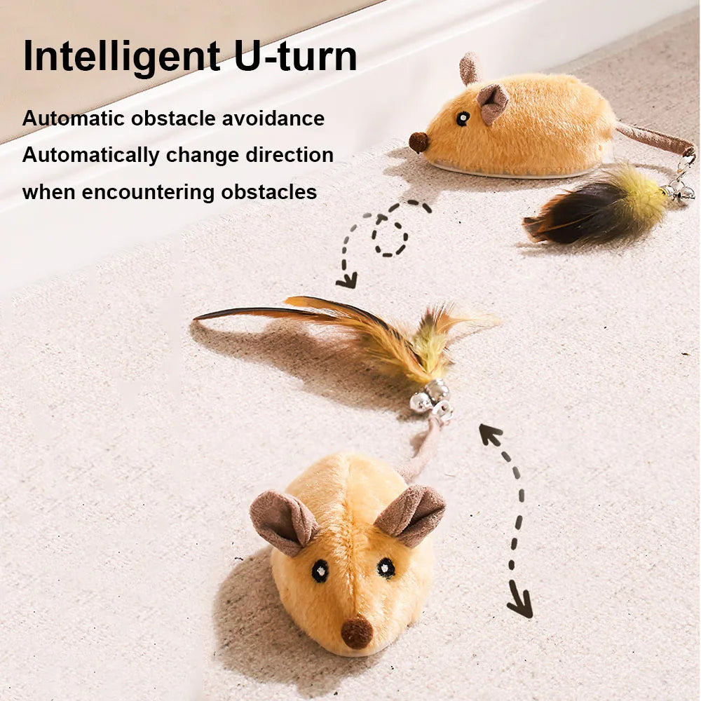 Interactive Plush Cat Toy with Sound & LED Light USB Rechargeable Steerable & Obstacle Avoidance for Indoor Cats